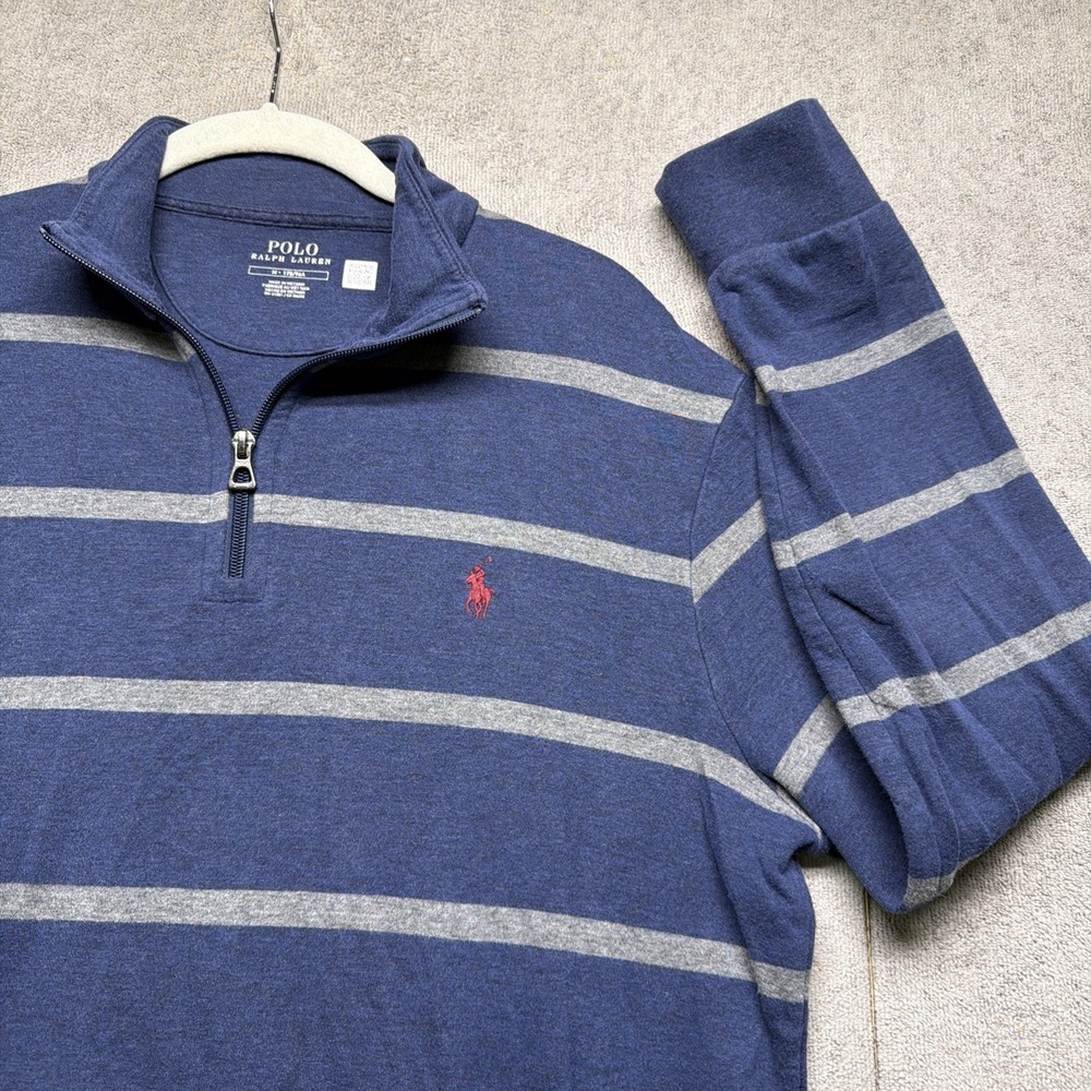 Polo Ralph Lauren Men's Quarter Zip Sweater Blue Gray Striped‎ Pullover Size M